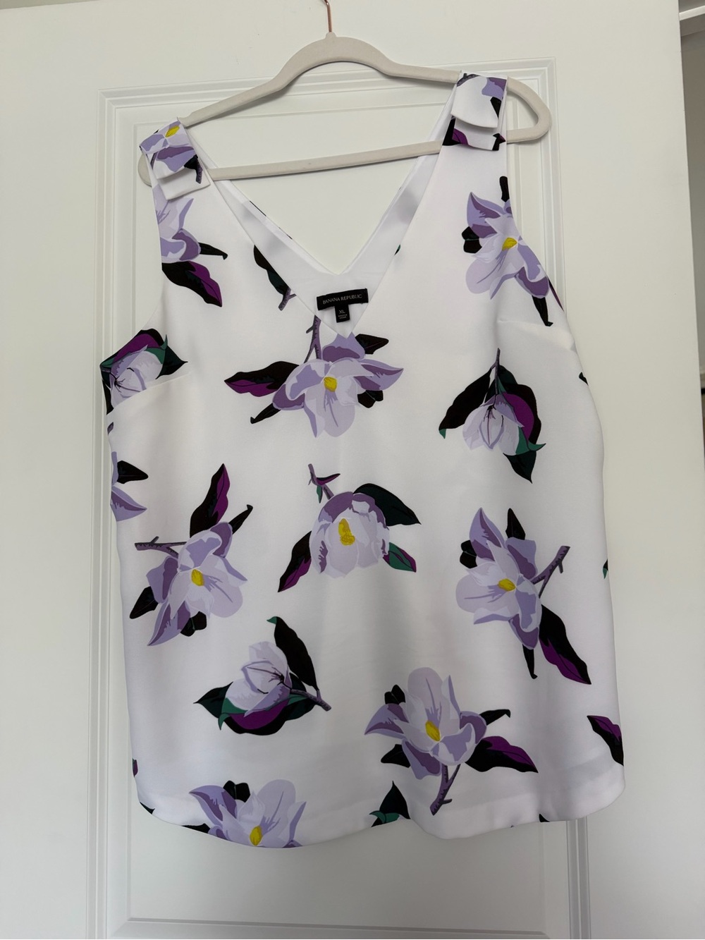 Banana Republic White Floral V-Neck Tank with Purple Accents
